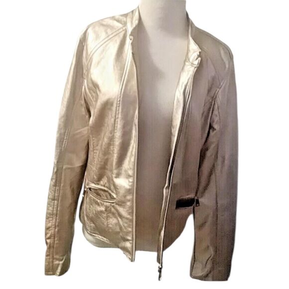 Cavalini Jacket Womens Large Champagne Metallic Faux Leather Zip Collarless - Picture 8 of 9
